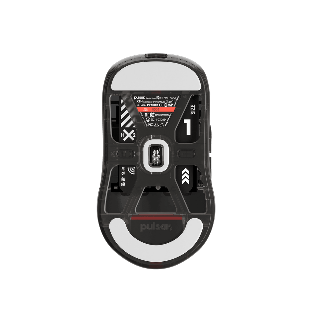 Clear Black Edition Pulsar X2H Mini Gaming Mouse with a translucent black design, narrow waist, higher hump, symmetrical shape, optical switch, and PAW3395 sensor.