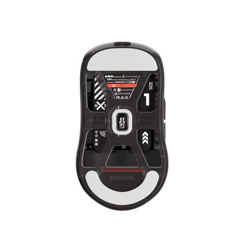 Clear Black Edition Pulsar X2H Mini Gaming Mouse with a translucent black design, narrow waist, higher hump, symmetrical shape, optical switch, and PAW3395 sensor.