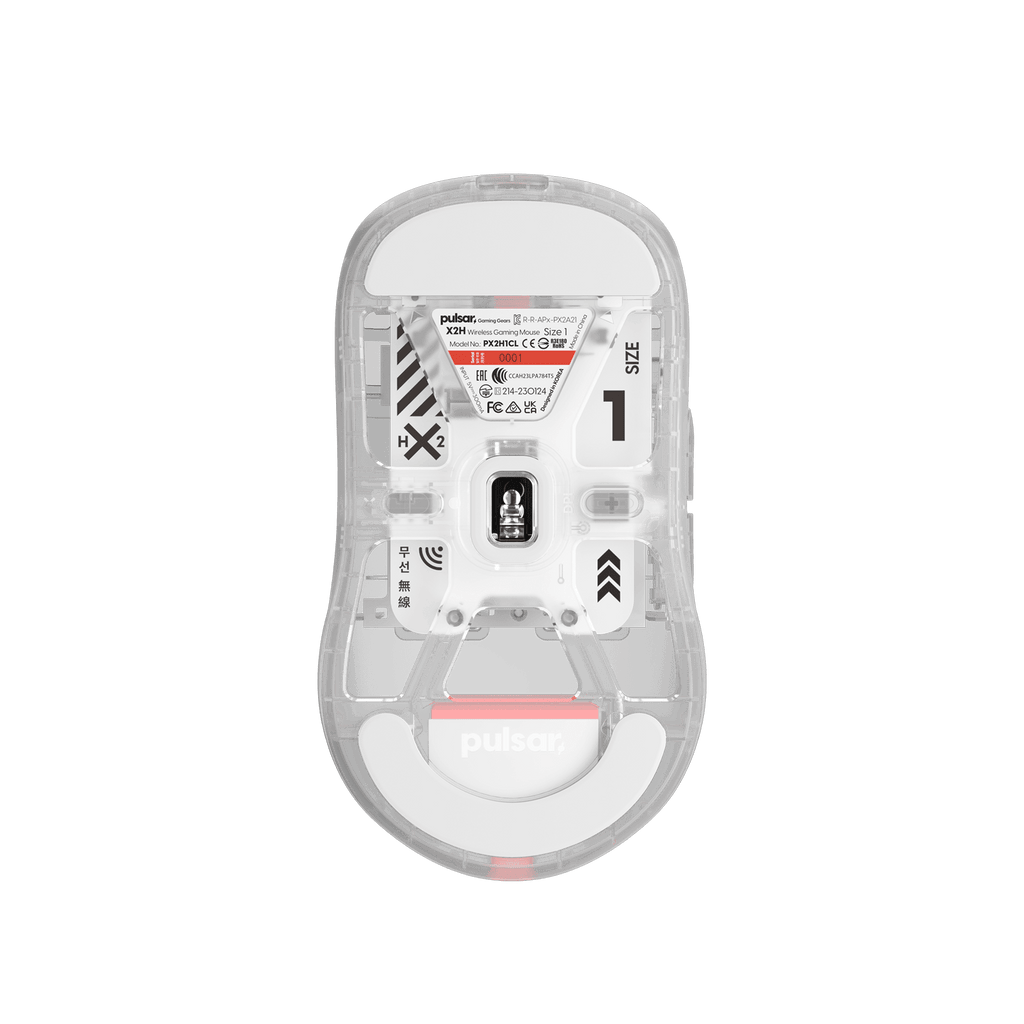 Super clear Edition Pulsar X2H Mini Gaming Mouse with a translucent black design, narrow waist, higher hump, symmetrical shape, optical switch, and PAW3395 sensor.