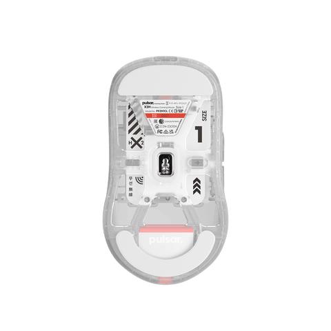 Super clear Edition Pulsar X2H Mini Gaming Mouse with a translucent black design, narrow waist, higher hump, symmetrical shape, optical switch, and PAW3395 sensor.