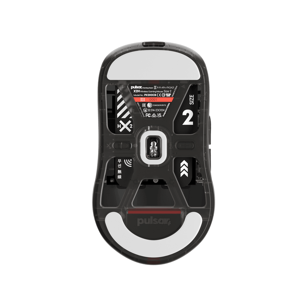 Clear Black Edition Pulsar X2H Medium Gaming Mouse with a translucent black design, narrow waist, higher hump, symmetrical shape, optical switch, and PAW3395 sensor.