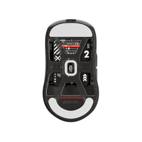 Clear Black Edition Pulsar X2H Medium Gaming Mouse with a translucent black design, narrow waist, higher hump, symmetrical shape, optical switch, and PAW3395 sensor.