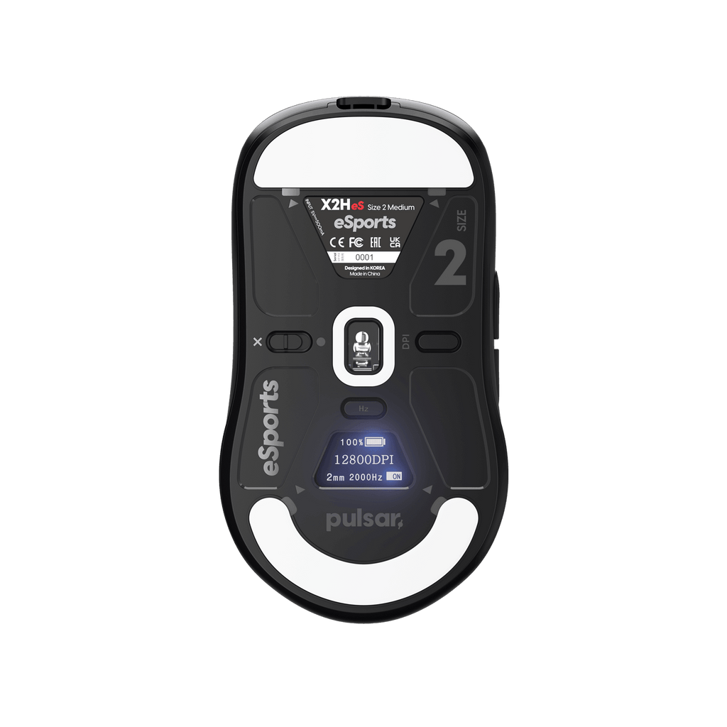 Black Pulsar X2H Medium Gaming Mouse with a narrow waist, higher hump, symmetrical shape, optical switch, PAW3395 sensor, OLED display, and driver-free setup, ideal for esports tournaments.