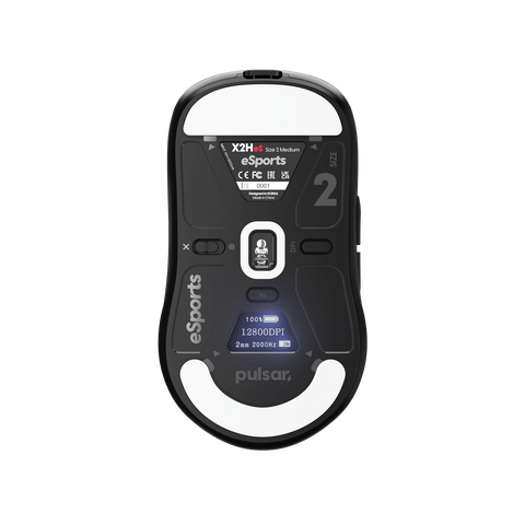 Black Pulsar X2H Medium Gaming Mouse with a narrow waist, higher hump, symmetrical shape, optical switch, PAW3395 sensor, OLED display, and driver-free setup, ideal for esports tournaments.