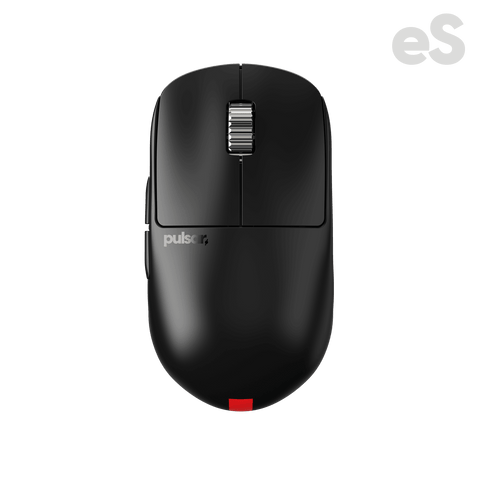Black Pulsar X2H Medium Gaming Mouse with a narrow waist, higher hump, symmetrical shape, optical switch, PAW3395 sensor, OLED display, and driver-free setup, ideal for esports tournaments.