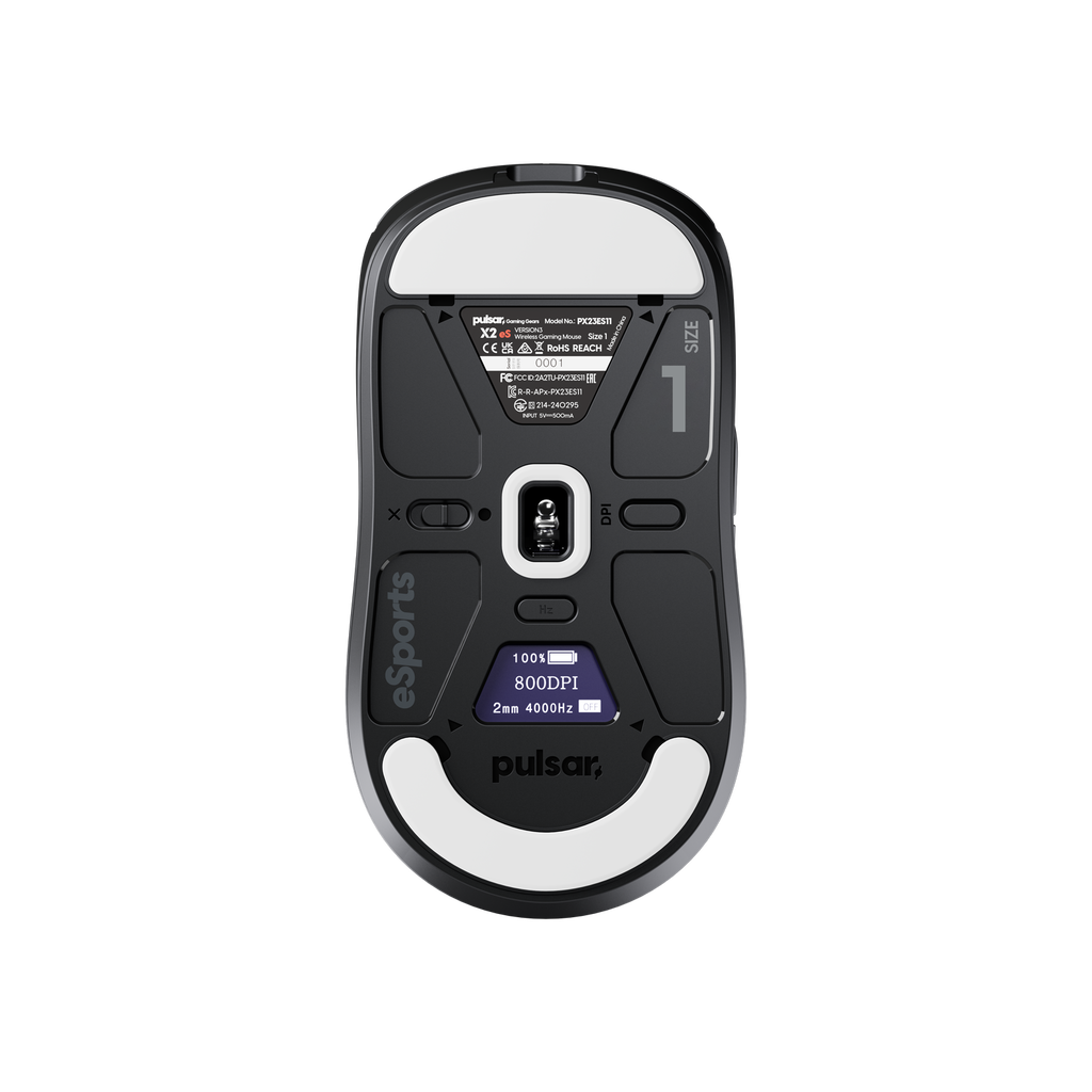 X2 eS V3 gaming mouse with Pulsar XS-1 sensor, 32,000 DPI, 750 IPS, 8K polling rate, and an OLED display for software-free customization