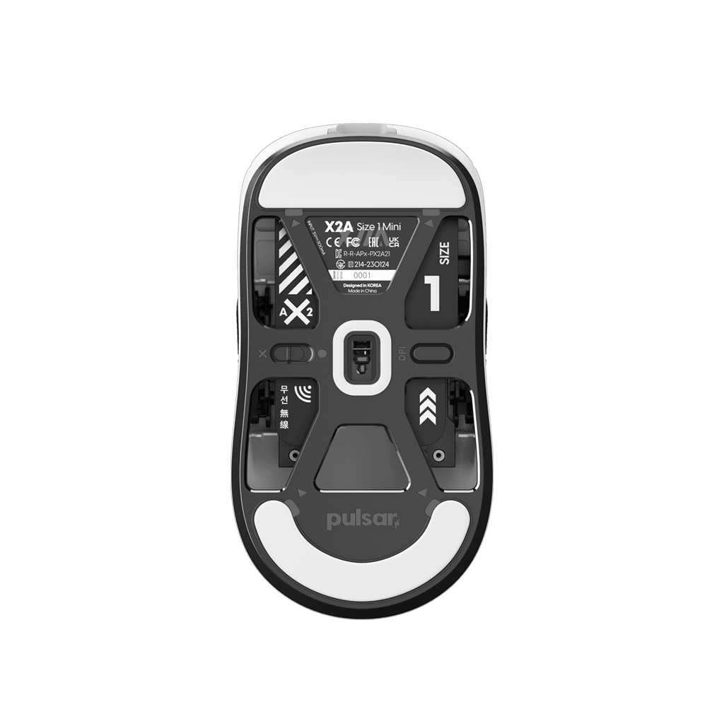 White Pulsar X2A mini Gaming Mouse with an ambidextrous X2 shape, configurable buttons for both left and right-hand use, featuring a lightweight design and PAW3395 optical sensor