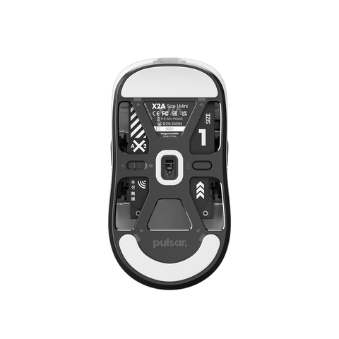 White Pulsar X2A mini Gaming Mouse with an ambidextrous X2 shape, configurable buttons for both left and right-hand use, featuring a lightweight design and PAW3395 optical sensor
