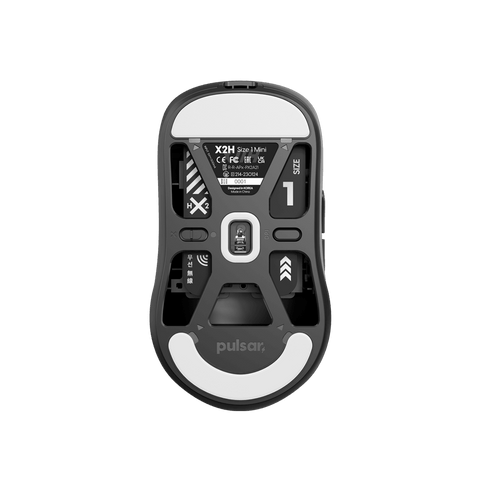 Black Pulsar X2H mini Gaming Mouse with a translucent black design, narrow waist, higher hump, symmetrical shape, optical switch, and PAW3395 sensor.