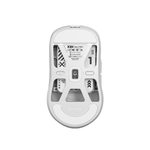 White Pulsar X2H mini Gaming Mouse with a translucent black design, narrow waist, higher hump, symmetrical shape, optical switch, and PAW3395 sensor.