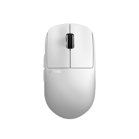 White Pulsar X2H mini Gaming Mouse with a translucent black design, narrow waist, higher hump, symmetrical shape, optical switch, and PAW3395 sensor.